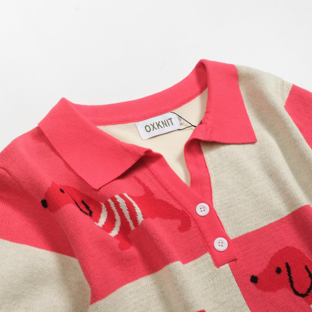 Damen-Poloshirt mit Dackel-Jacquard-Strick und V-Ausschnitt