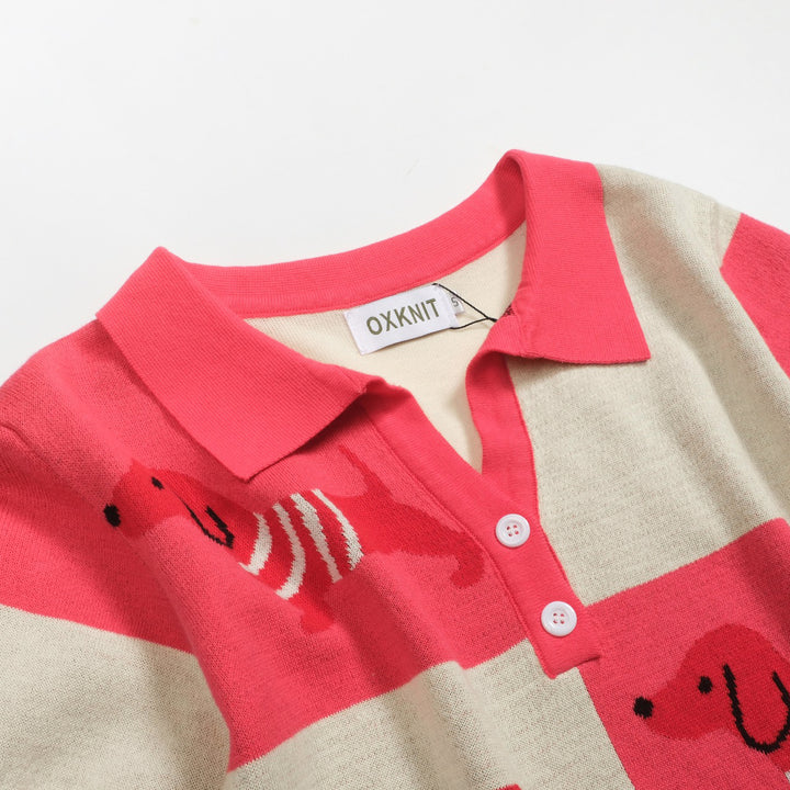 Damen-Poloshirt mit Dackel-Jacquard-Strick und V-Ausschnitt