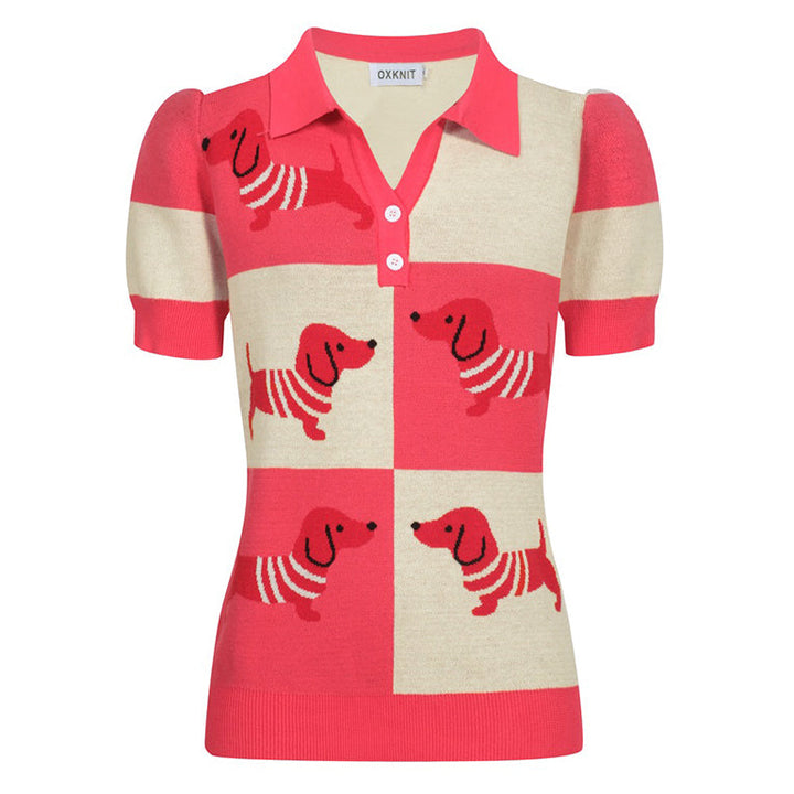 Damen-Poloshirt mit Dackel-Jacquard-Strick und V-Ausschnitt