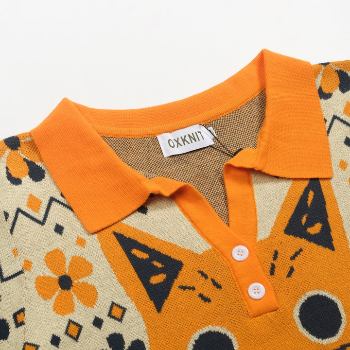 Women's yellow Cat vintage jacquard knit V-neck polo