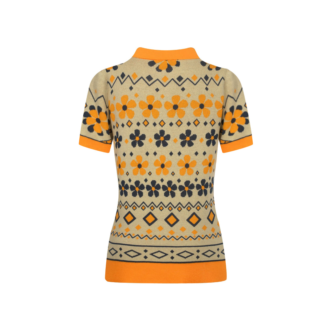Women's yellow Cat vintage jacquard knit V-neck polo