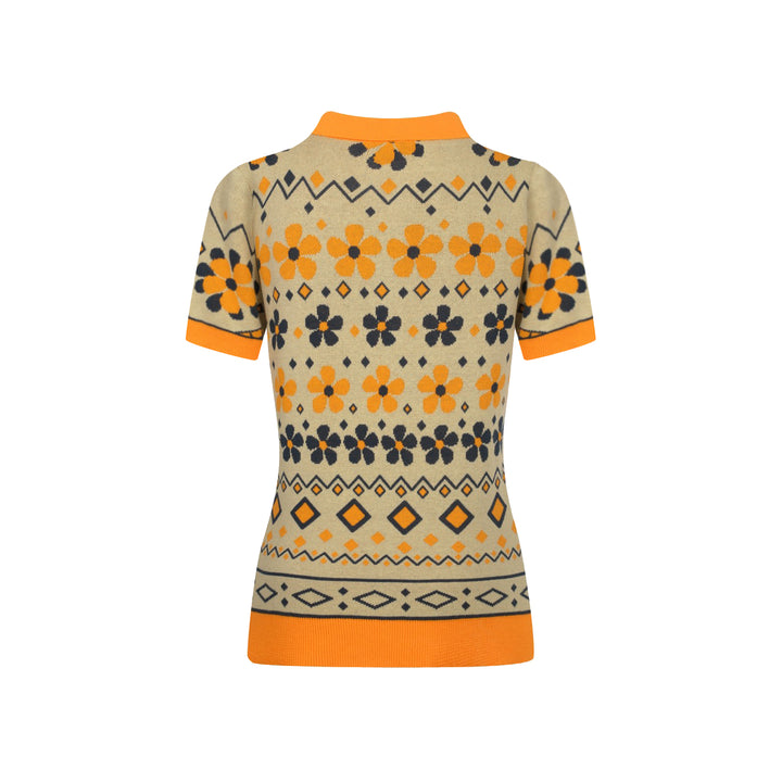 Women's yellow Cat vintage jacquard knit V-neck polo