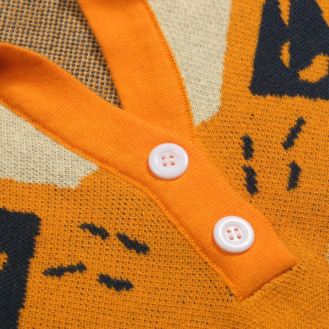 Women's yellow Cat vintage jacquard knit V-neck polo