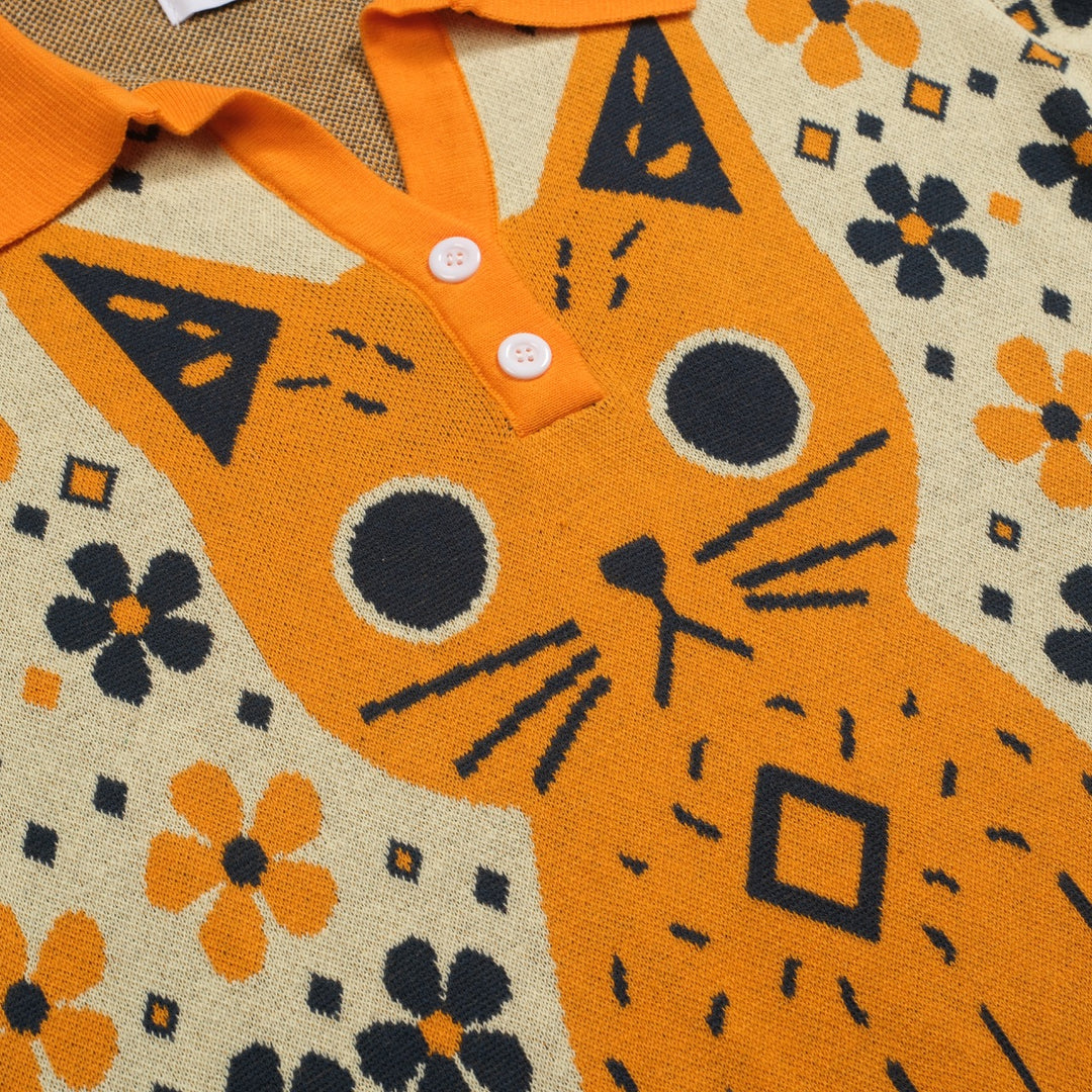 Women's yellow Cat vintage jacquard knit V-neck polo