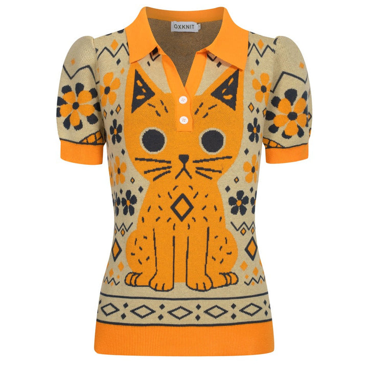 Women's yellow Cat vintage jacquard knit V-neck polo