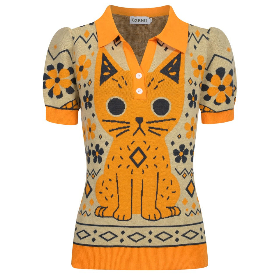 Women's yellow Cat vintage jacquard knit V-neck polo – OXKnit