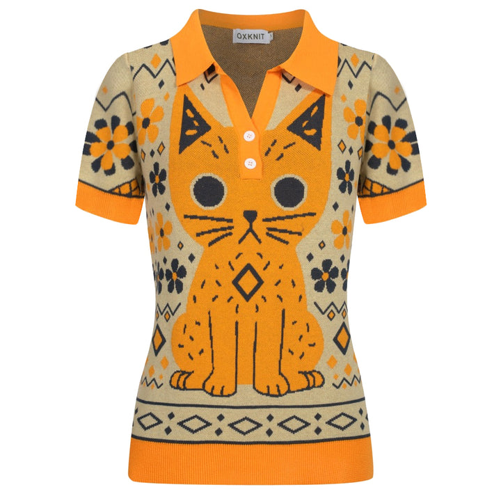 Women's yellow Cat vintage jacquard knit V-neck polo