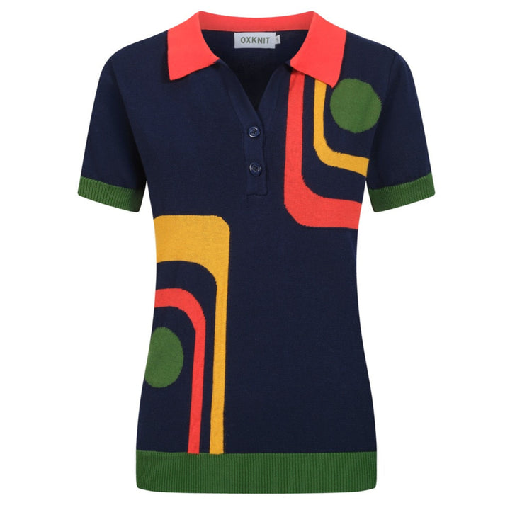 Women's dark blue retro art knitted V-neck polo