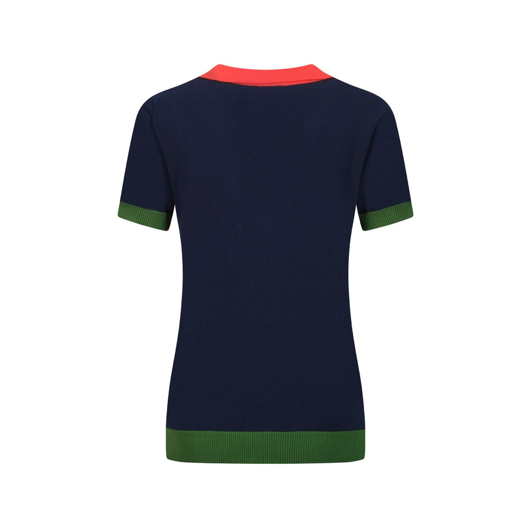 Women's dark blue retro art knitted V-neck polo