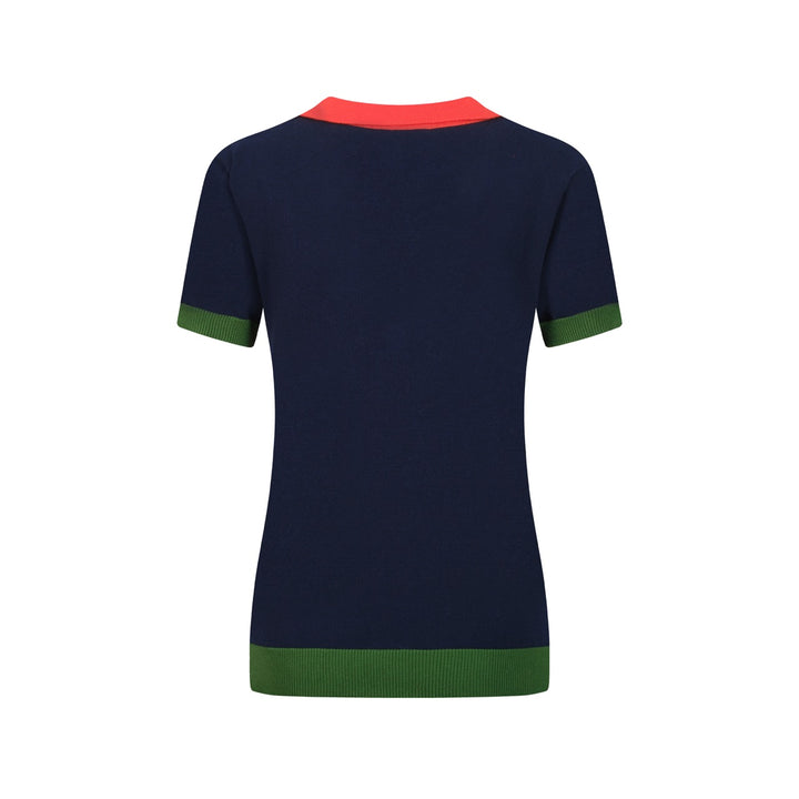 Women's dark blue retro art knitted V-neck polo