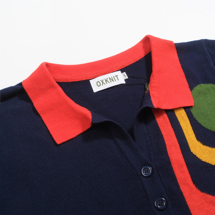 Women's dark blue retro art knitted V-neck polo