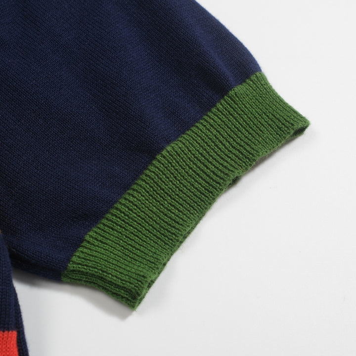 Women's dark blue retro art knitted V-neck polo