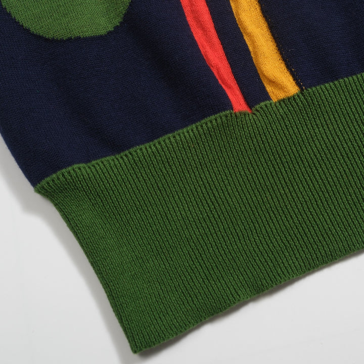 Women's dark blue retro art knitted V-neck polo