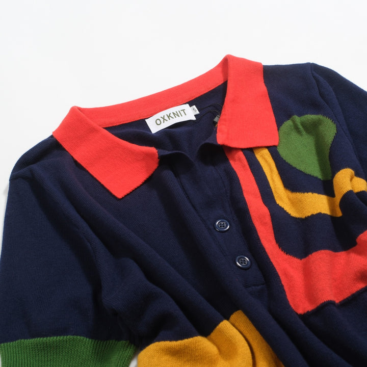 Women's dark blue retro art knitted V-neck polo