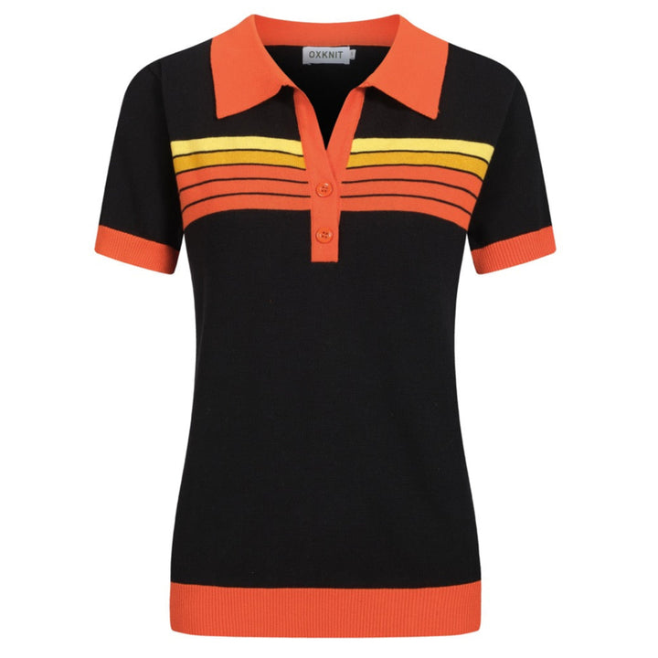Women's black vintage art striped Jacquard V-neck polo