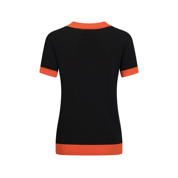 Women's black vintage art striped Jacquard V-neck polo