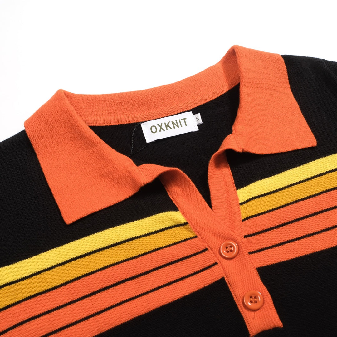 Women's black vintage art striped Jacquard V-neck polo