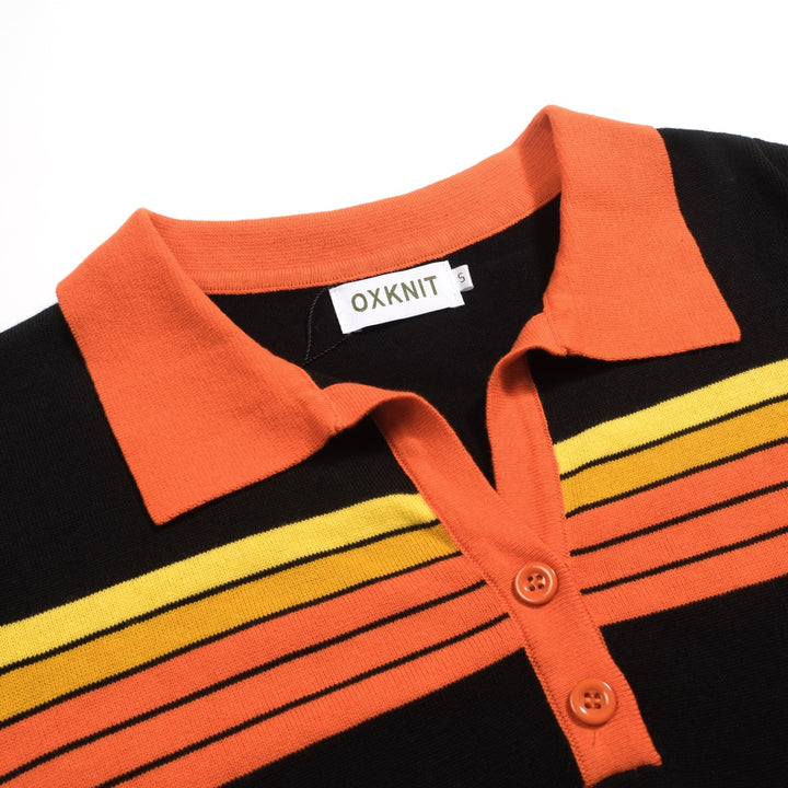 Women's black vintage art striped Jacquard V-neck polo
