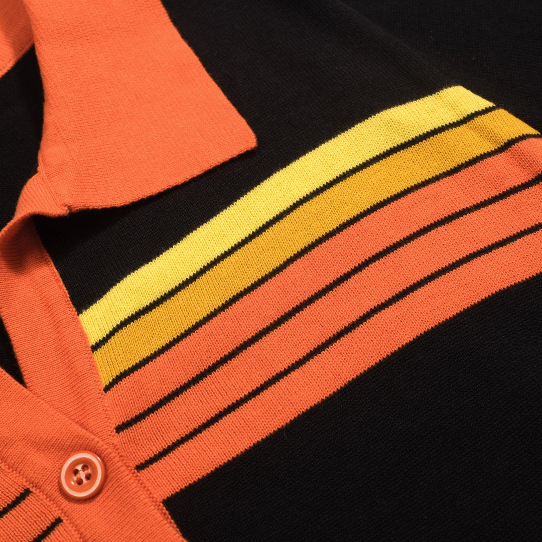 Women's black vintage art striped Jacquard V-neck polo