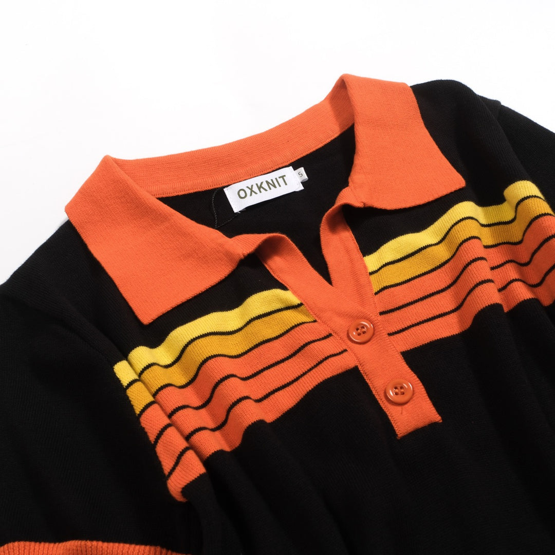 Women's black vintage art striped Jacquard V-neck polo