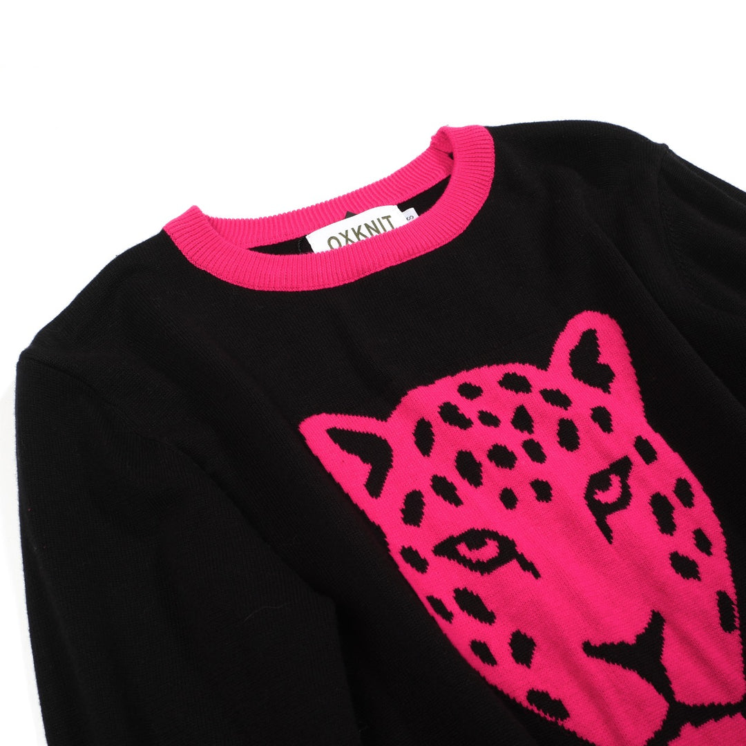 Women's black leopard jacquard vintage knitwear