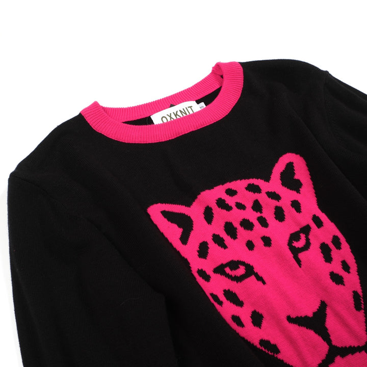 Women's black leopard jacquard vintage knitwear