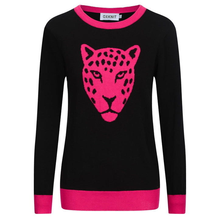 Women's black leopard jacquard vintage knitwear