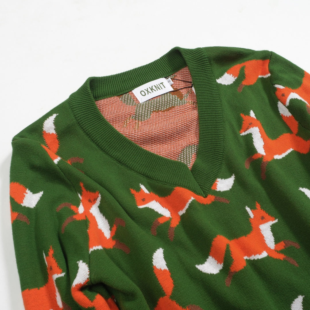 Women's green vintage fox jacquard knitwear