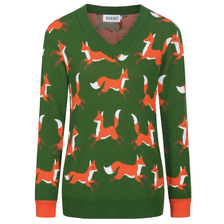 Women's green vintage fox jacquard knitwear