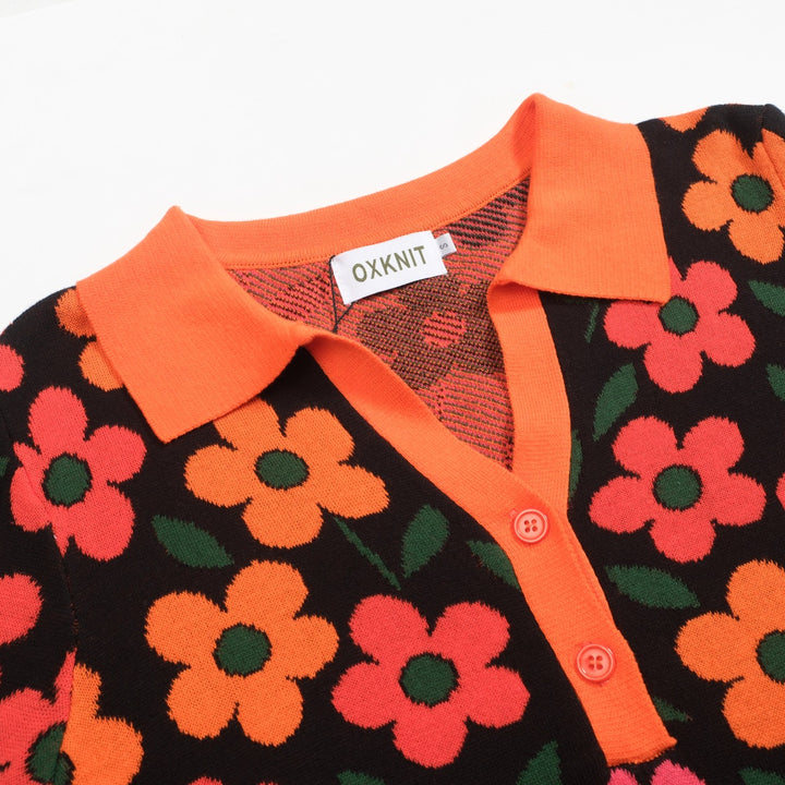 Women's orange floral Jacquard vintage V-neck polo