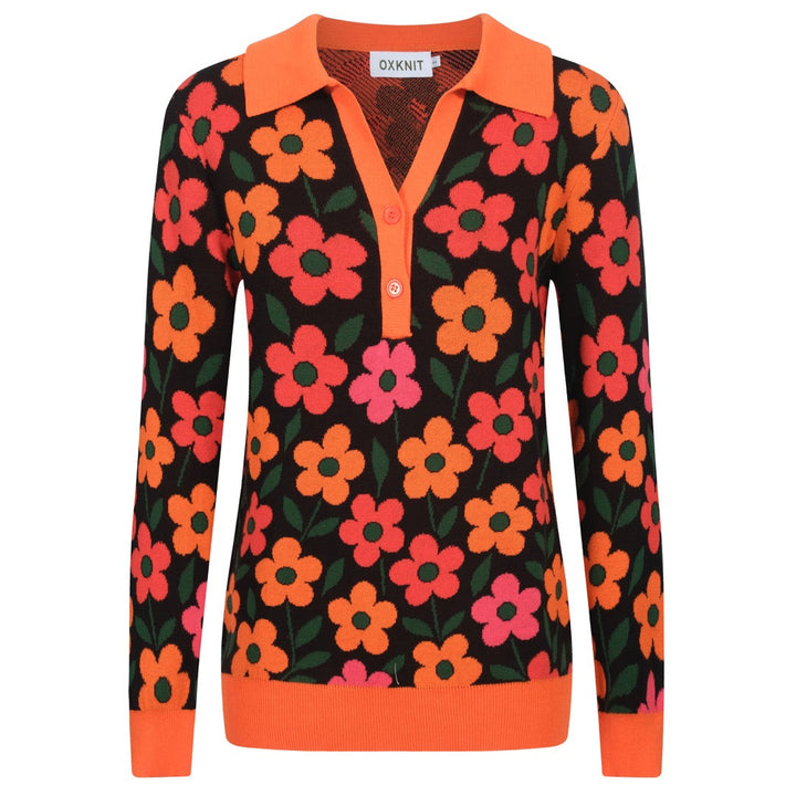 Women's orange floral Jacquard vintage V-neck polo