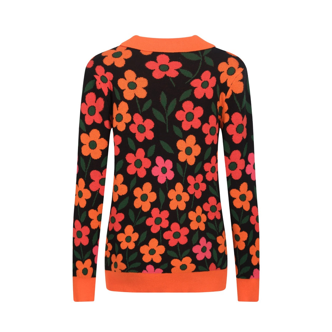 Women's orange floral Jacquard vintage V-neck polo