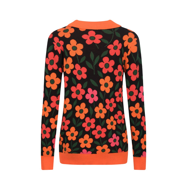 Women's orange floral Jacquard vintage V-neck polo