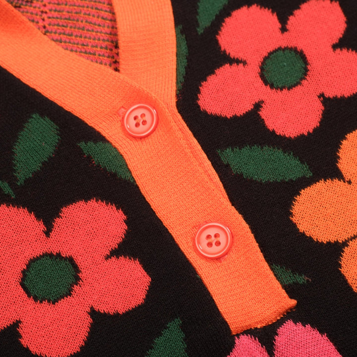 Women's orange floral Jacquard vintage V-neck polo