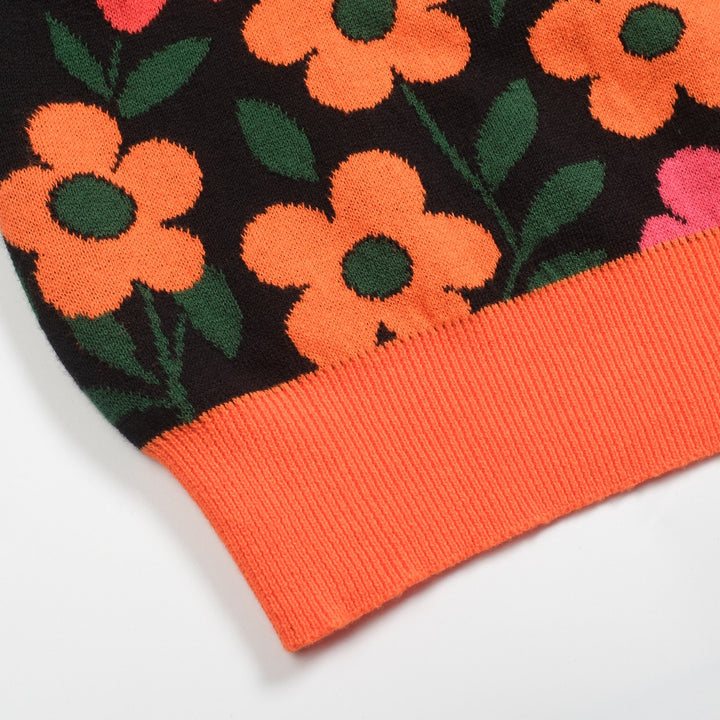 Women's orange floral Jacquard vintage V-neck polo