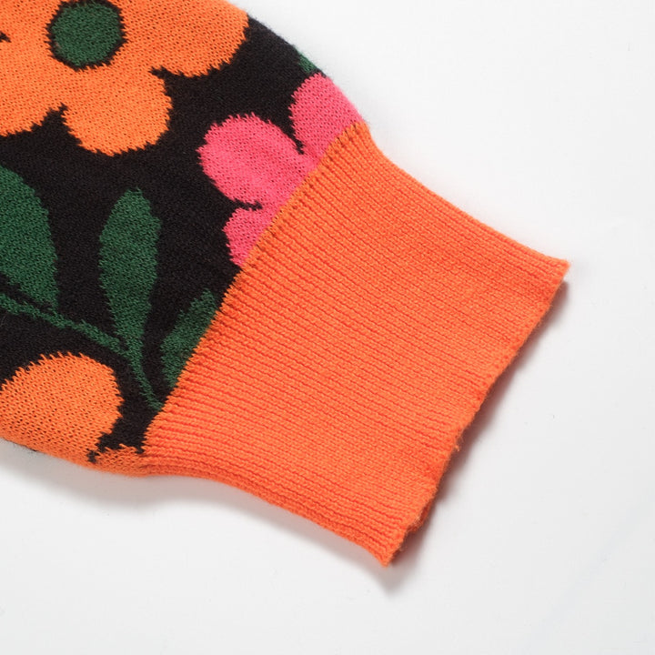 Women's orange floral Jacquard vintage V-neck polo