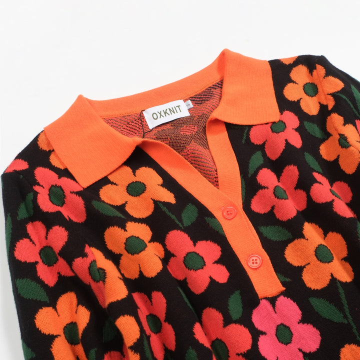 Women's orange floral Jacquard vintage V-neck polo
