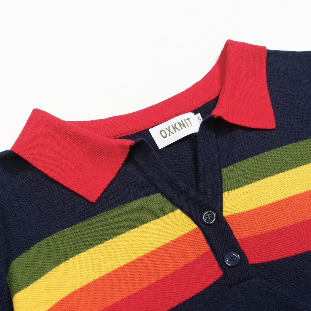 Mörkblå, regnbågsrandig stickad V-ringad dam