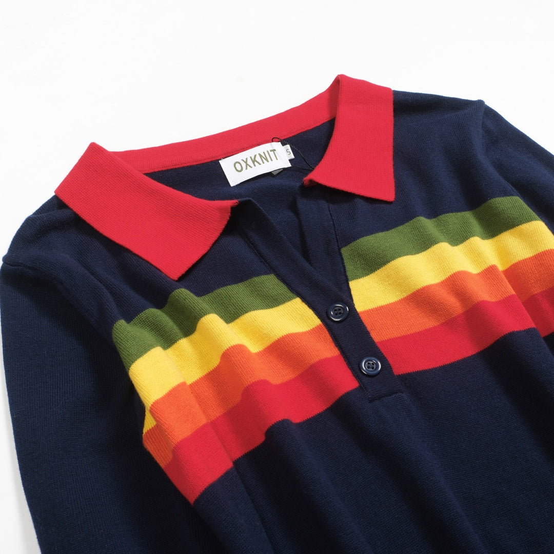 Mörkblå, regnbågsrandig stickad V-ringad dam