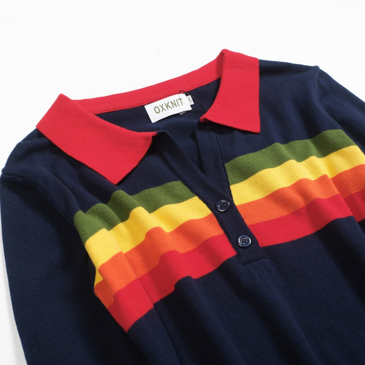 Mörkblå, regnbågsrandig stickad V-ringad dam