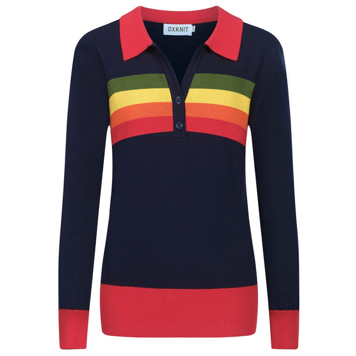 Mörkblå, regnbågsrandig stickad V-ringad dam