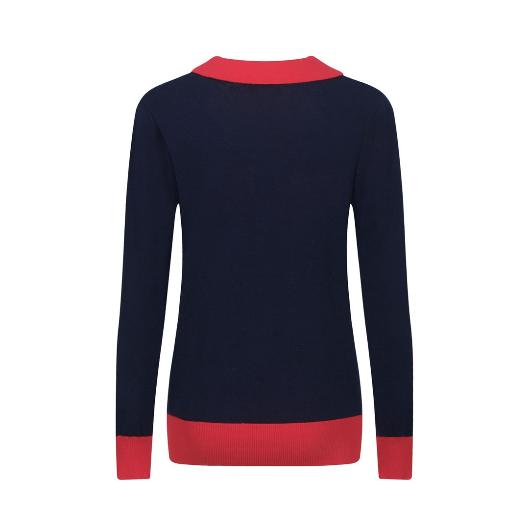 Mörkblå, regnbågsrandig stickad V-ringad dam