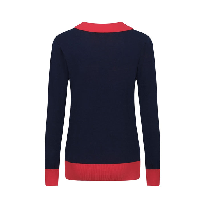 Mörkblå, regnbågsrandig stickad V-ringad dam