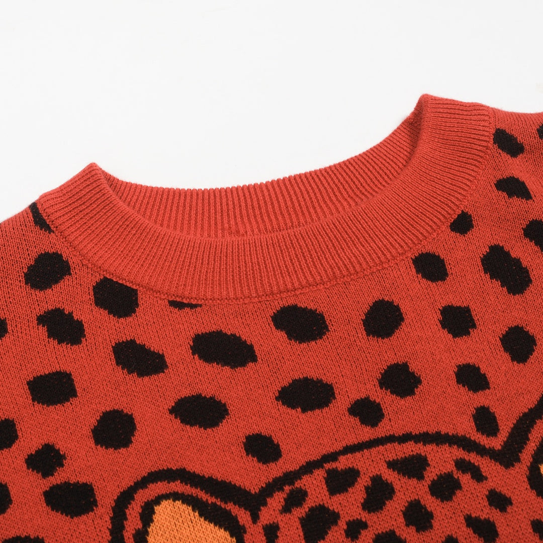 Men's red vintage leopard print jacquard knitwear