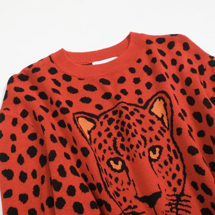 Men's red vintage leopard print jacquard knitwear