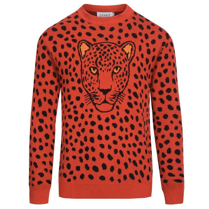 Men's red vintage leopard print jacquard knitwear