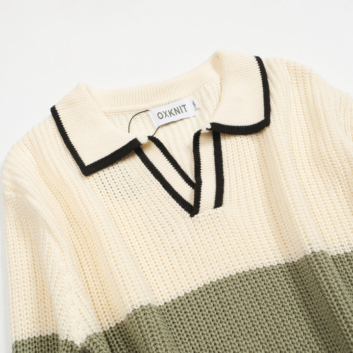 Flerfärgad randig vintage V-ringad polosticka för män