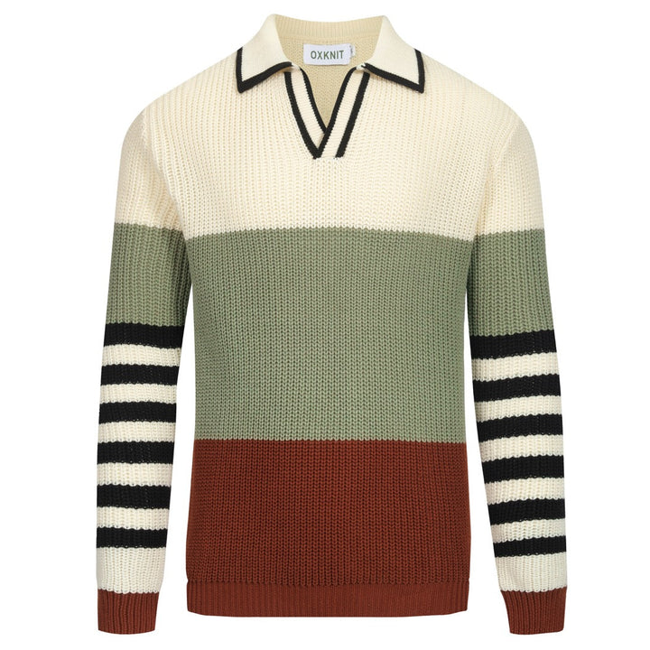 Flerfärgad randig vintage V-ringad polosticka för män