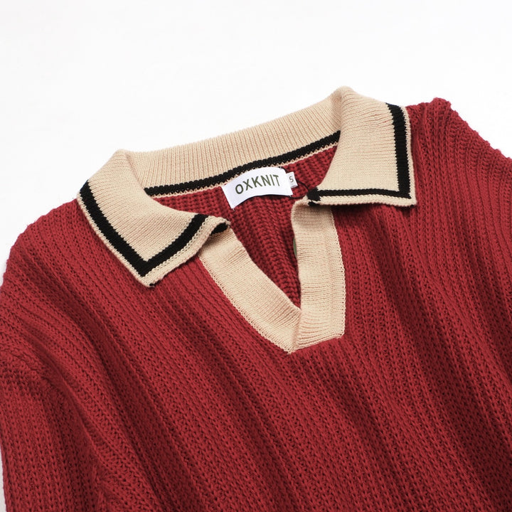 Men's retro red casual V-neck vintage knitwear