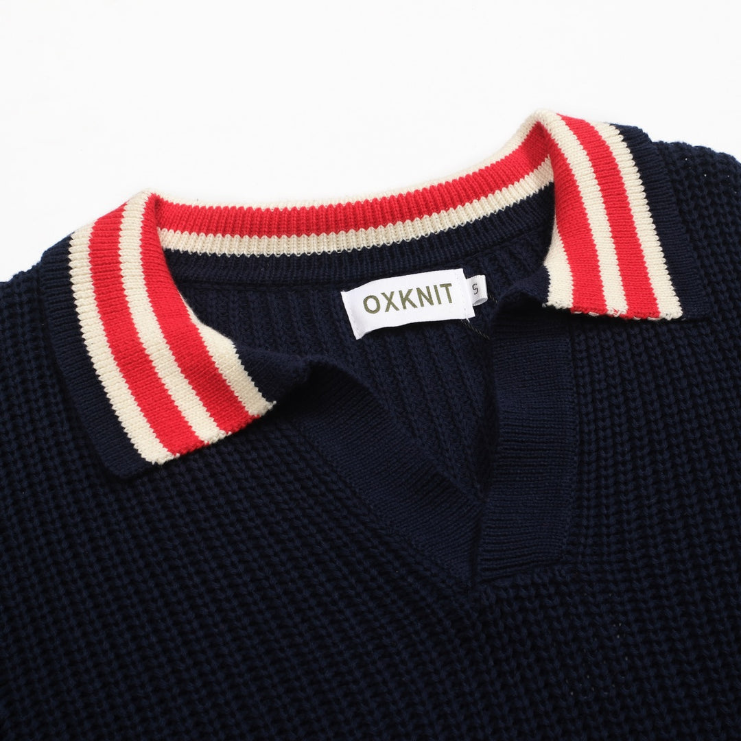 Dunkelblauer Retro-Strickpullover für Herren mit V-Ausschnitt